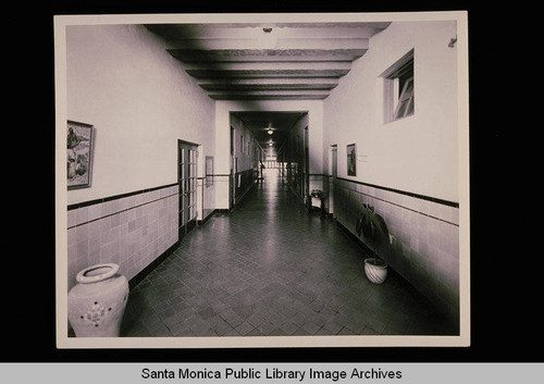 Interior of Santa Monica High School showing hallway waxed with Turco Products