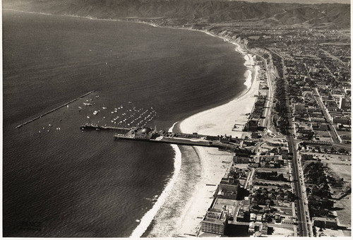 View of the Santa Monica Harbor, Pier and breakwater looking toward the Santa Monica Mountains, October 24, 1936