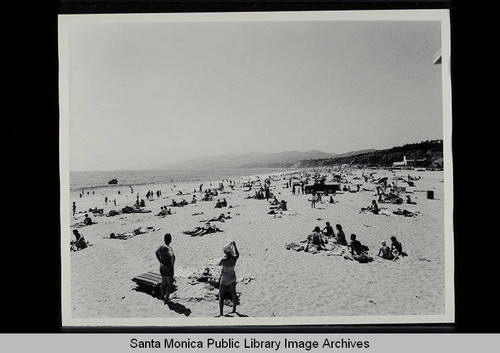 Beach scene looking north to the Santa Monica Mountains on June 29, 1956