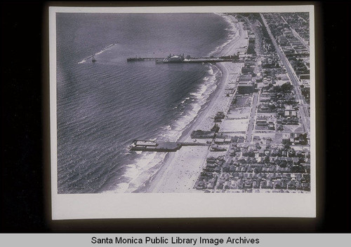 Aerial of the Santa Monica Pier and the Ocean Park Pier, June 25, 1964
