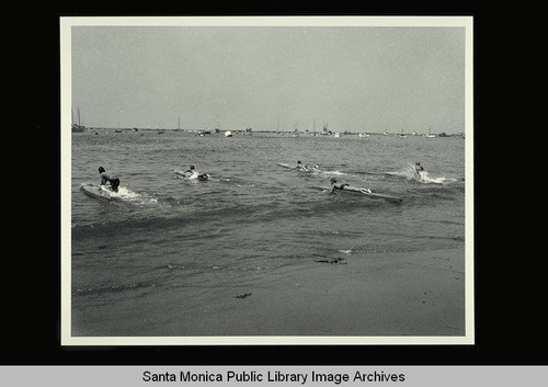 Recreation Department paddle board contest on Santa Monica Beach, August 5, 1949