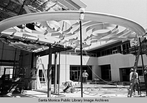 Carl Cheng "Underwater Canopy" sculpture installation in the new Main Library courtyard (Santa Monica Public Library, 601 Santa Monica Blvd. built by Morley Construction. Architects, Moore Ruble Yudell.) March 28, 2005