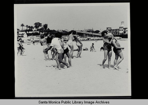 Santa Monica Recreation Department Junior Girls Life Guards training at Santa Monica Beach on August 31, 1955