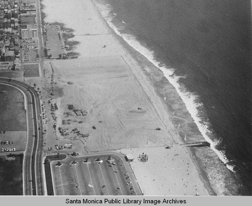 Looking south from beach parking lots and the remains of the Pacific Ocean Park Pier, Santa Monica, August 13, 1975, 2:30 PM