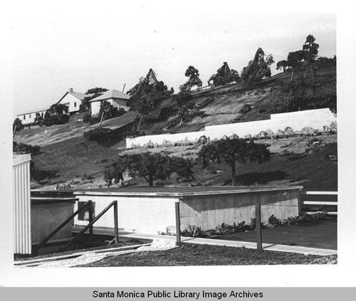 View looking uphill at the camouflage neighborhood designed by landscape architect Edward Huntsman-Trout to cover the Douglas Aircraft Company plant in Santa Monica during World War II