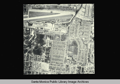 Aerial map of Santa Monica City flown by Pacific Air Industries on April 1, 1950 showing Clover Field and streets south of the Airport