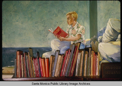 Eulalie Banks Wilson murals in the Children's Department of the Santa Monica Public Library (503 Santa Monica Blvd.) : young boy reading Treasure Island