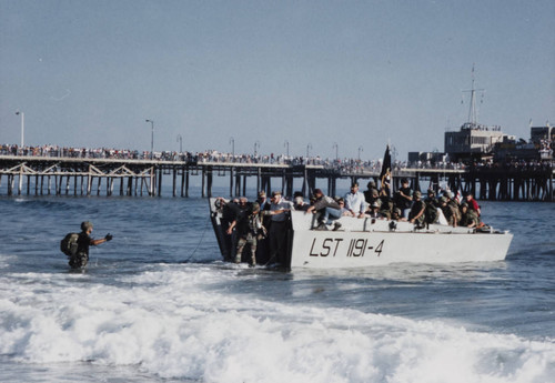 Veterans getting ready to disembark during the reenactment of D-Day landing, Santa Monica, Calif