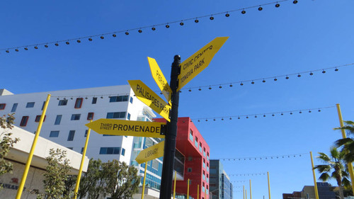 Signs directing people to various points of interest at Expo Line Downtown Santa Monica station, April 28, 2017