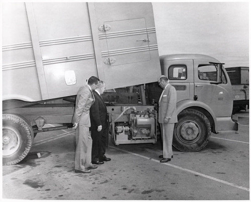 Sanitation truck being inspected, Santa Monica, Calif