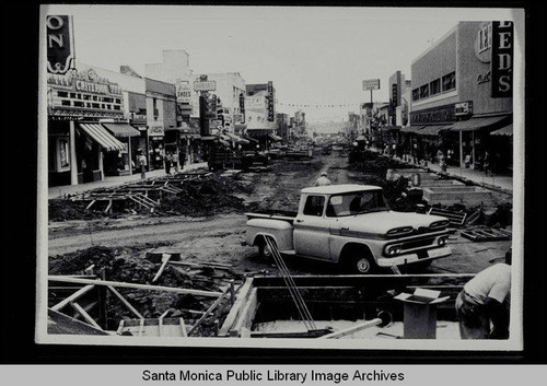 Third Street Mall under construction showing the Criterion Theater, Leeds, and Crocker Bank, Santa Monica, Calif