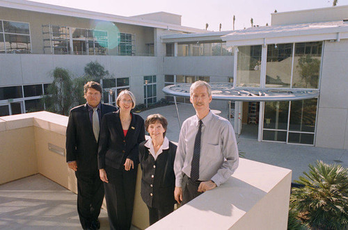 City Librarian Greg Mullen with Principal Librarians Nancy O'Neill, Susan Annett, and Migell Acosta at the new Main Library which opened at 601 Santa Monica Blvd., January 7, 2006