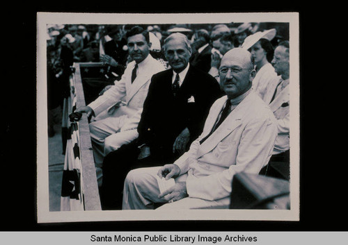 Congressman John Dockweiler, Senator William Gibbs McAdoo, and Santa Monica Mayor Edmund Gillette (left to right) at the Post Office dedication, July 23, 1938