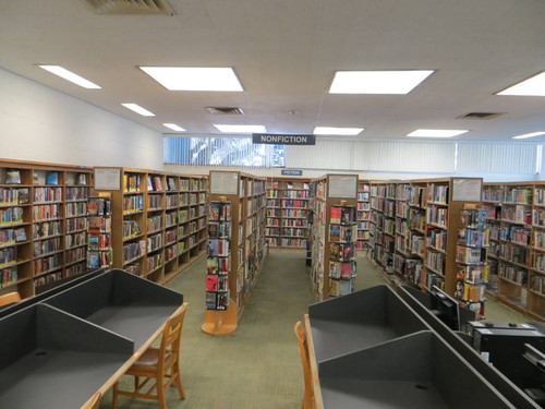 Nonfiction and fiction shelves in the Fairview Branch Library (2101 Ocean Park Blvd.), May 2, 2014, Santa Monica, Calif