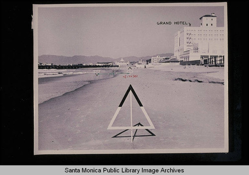 Tide studies showing markers at the Grand Hotel looking north to the Santa Monica Pier with tide 2.3 feet at 9:51 AM on November 3, 1938