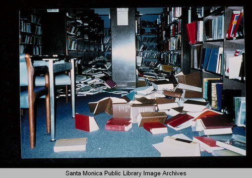 Northridge earthquake, Santa Monica Public Library, Main Library, first floor stacks, January 17, 1994