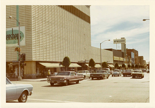 East side of Fourth Street (1400 block), looking south from Santa Monica Blvd. on Febuary 14, 1970. Henshey's department store can be seen