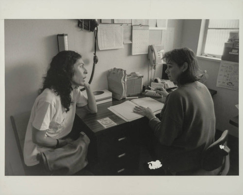 Woman speaking with a staff at Westside Women's Health Center, Santa Monica, Calif