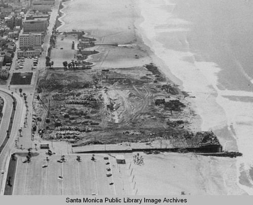 Remains of the Pacific Ocean Park Pier, Santa Monica looking south from a beach parking lot, March 15, 1975