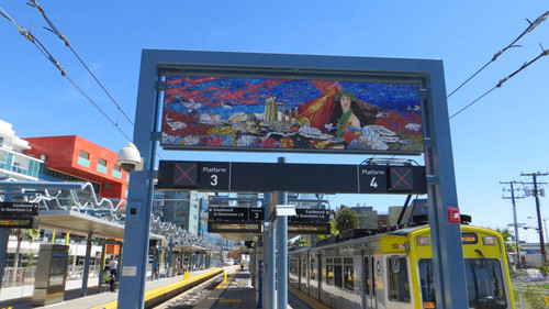 Artwork on gateway arches at Expo Line Downtown Santa Monica station, April 28, 2017