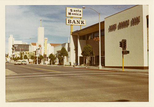 East side of Fourth Street (1200 block), looking north from Arizona Ave. on Febuary 14, 1970. Santa Monica Bank can be seen