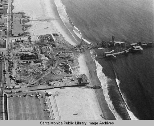 Remains of the Pacific Ocean Park Pier, Santa Monica looking south from a beach parking lot, January 23, 1975, 2:30PM