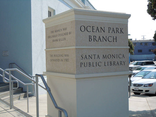 Ocean Park Branch Library four-sided pedestal signage by the Norman Place entrance, installed April 18, 2011