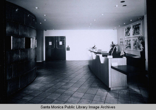 Interior first level main entry detail view, facing southwest, Rand Corporation Headquarters, 1700 Main Street, Santa Monica, Calif