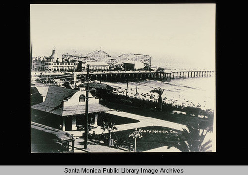 Santa Monica Pier and Ocean Avenue with the Pacific Electric Station in the foreground