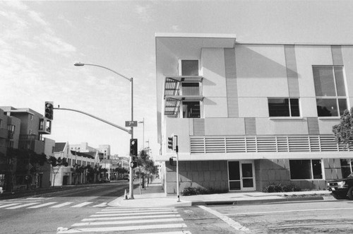 New Main Library, 601 Santa Monica Blvd., from the corner of Seventh Street and Santa Monica Blvd. looking west