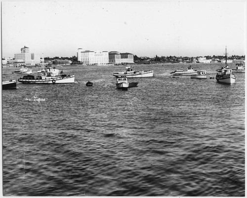 Boats in the Santa Monica Yacht Harbor moored in front of the Breakers, Edgewater and Del Mar beach clubs