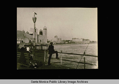 Fishing from the Santa Monica Pier with a view of the Edgewater, Breakers and Del Mar Club