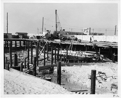 Construction site of Pacific Ocean Park's Sea Circus attraction, Santa Monica, Calif