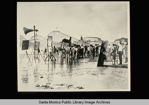 Filming on the beach north of the Santa Monica Pier