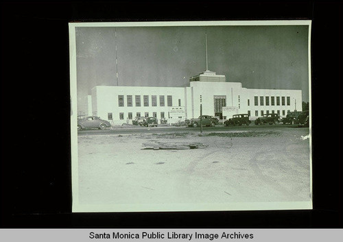 Construction of City Hall, 1685 Main Street, Santa Monica, Calif. with a Public Works Administration sign in front of the site