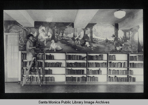 Eulalie Banks Wilson with her mural in the Children's Library at the Santa Monica Public Library (503 Santa Monica Blvd.)