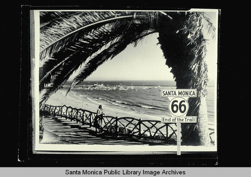 Path in Palisades Park with a view of Santa Monica Beach, the Pier, and the Santa Monica 66 End of the Trail sign