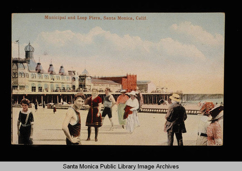 Santa Monica Municipal Pier, Loof Pier, merry-go-round, bowling and billiards pavilion, and visitors to North Beach