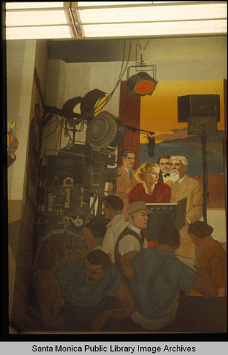 Stanton Macdonald Wright murals in the Santa Monica Public Library (503 Santa Monica Blvd.) installed August 25, 1935 : shooting a film with actress Gloria Stuart , Leo Carrillo, his father Judge Juan J.Carrillo and director Frank Tuttle
