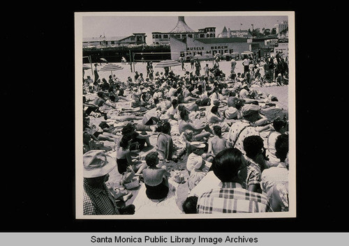 Muscle Beach on July 4, 1956 looking towards the Santa Monica Pier and merry-go-round