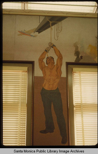 Stanton Macdonald Wright murals in the Santa Monica Public Library (503 Santa Monica Blvd.) installed August 25, 1935 : steel worker with a steel girder above his head and an airplane