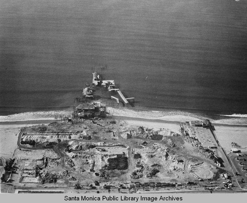 Aerial view of the remains of the Pacific Ocean Park Pier, Santa Monica, January 3, 1975, 10:00 AM