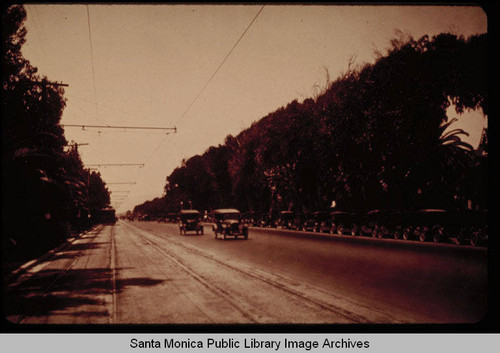 Trolley tracks on the west side of Ocean Avenue, Santa Monica, Calif. looking northeast