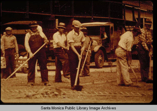 Patten Davies Lumber Company men with shovels, Santa Monica, Calif