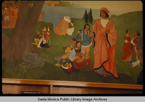 Stanton Macdonald Wright murals in the Santa Monica Public Library (503 Santa Monica Blvd.) installed August 25, 1935 : Boccaccio and pastoral scene from the early Renaissance