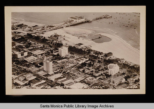 Aerial of the Santa Monica Pier and business district