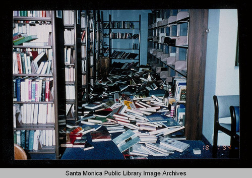 Northridge earthquake, Santa Monica Public Library, Main Library, first floor stacks, January 17, 1994