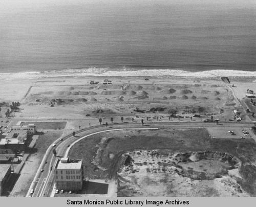 View of the remains of the Pacific Ocean Park Pier looking west to sand berms and the Santa Monica Bay, October 28, 1975