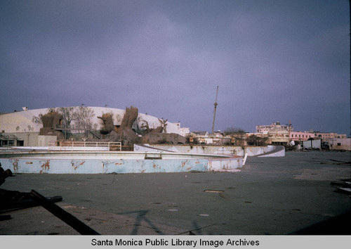 Ruined structures on the abandoned Pacific Ocean Park Amusement Pier (POP opened July 22, 1958 and was closed in 1967) Santa Monica, Calif