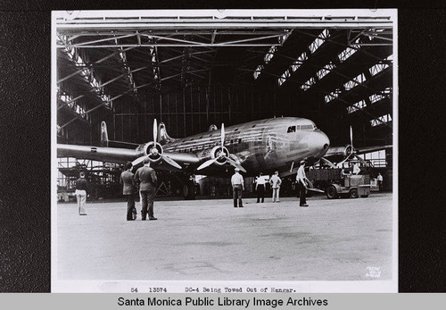 Douglas DC-4 being towed out of the hangar, Clover Field, Santa Monica, Calif. on June 18, 1938